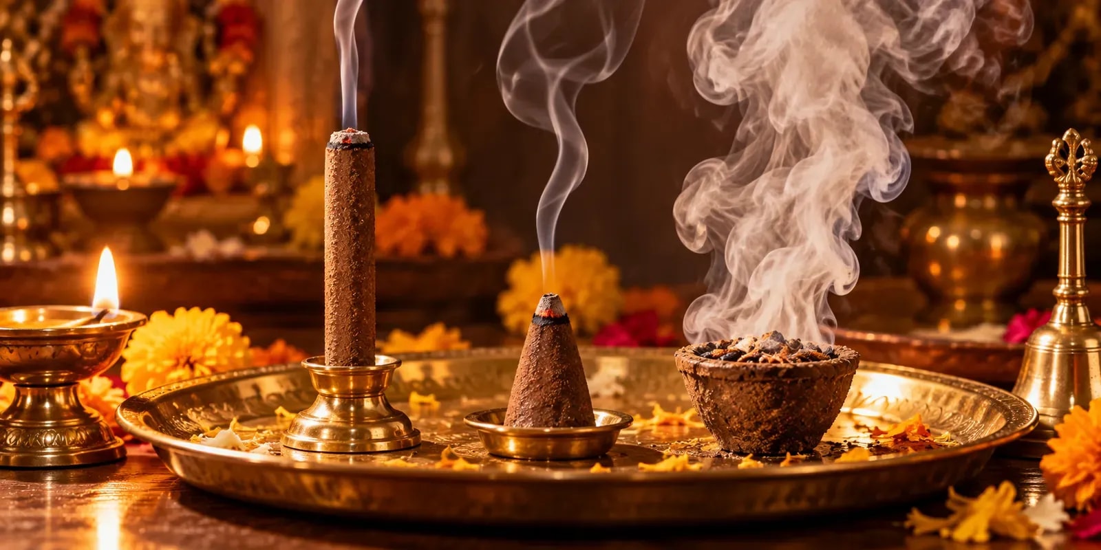 Cow dung dhoop stick, dhoop cone and sambrani havan cup burning on a brass plate in a home mandir