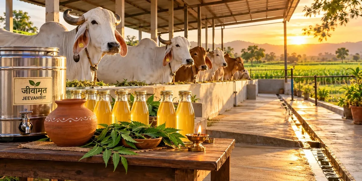 Desi Gir cows in a clean gaushala at golden hour, with jeevamrit and bottled gaumutra ready for sale