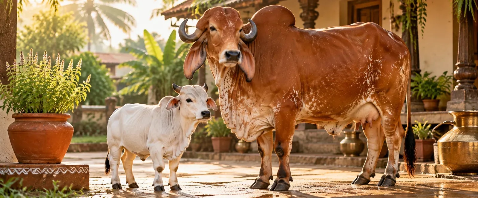 Small white Punganur dwarf cow standing next to a full-size Gir cow, showing the size difference