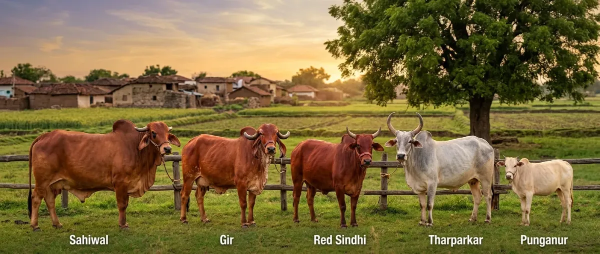 Five Indian desi cow breeds labelled Sahiwal, Gir, Red Sindhi, Tharparkar and Punganur
