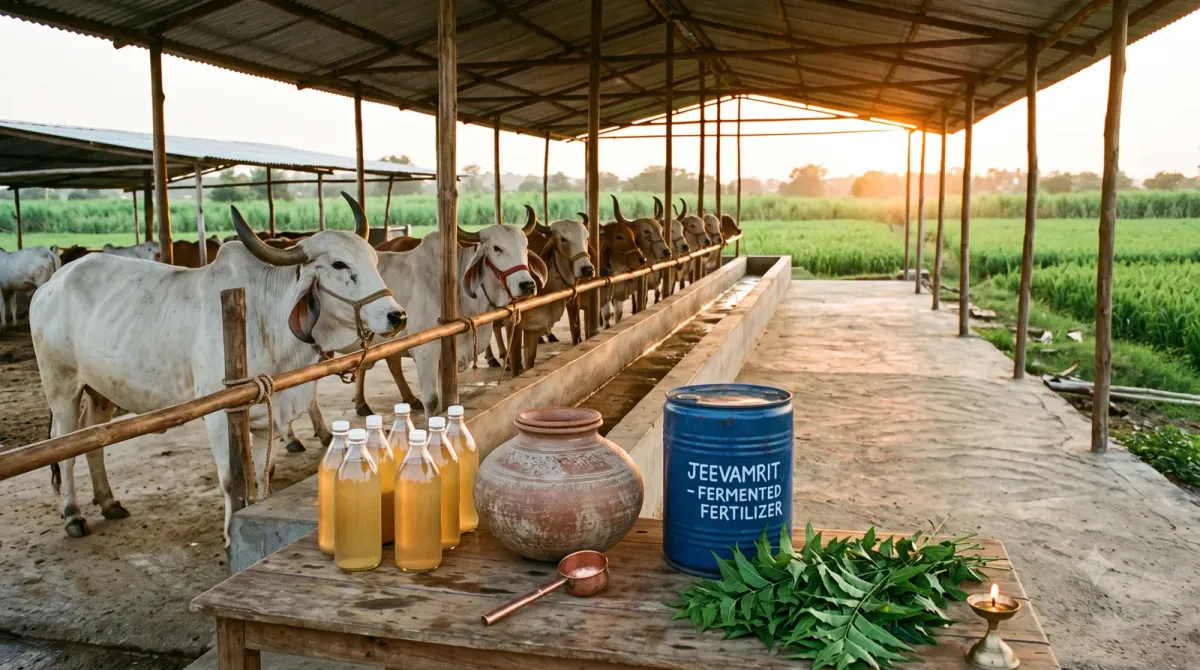 Gaushala shed with a sloped cement floor and drainage channel for collecting gaumutra, with bottled gaumutra and jeevamrit