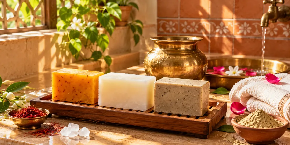 Saffron, camphor and multani mitti handmade soaps on a wooden tray in an Indian bathroom with a brass lota