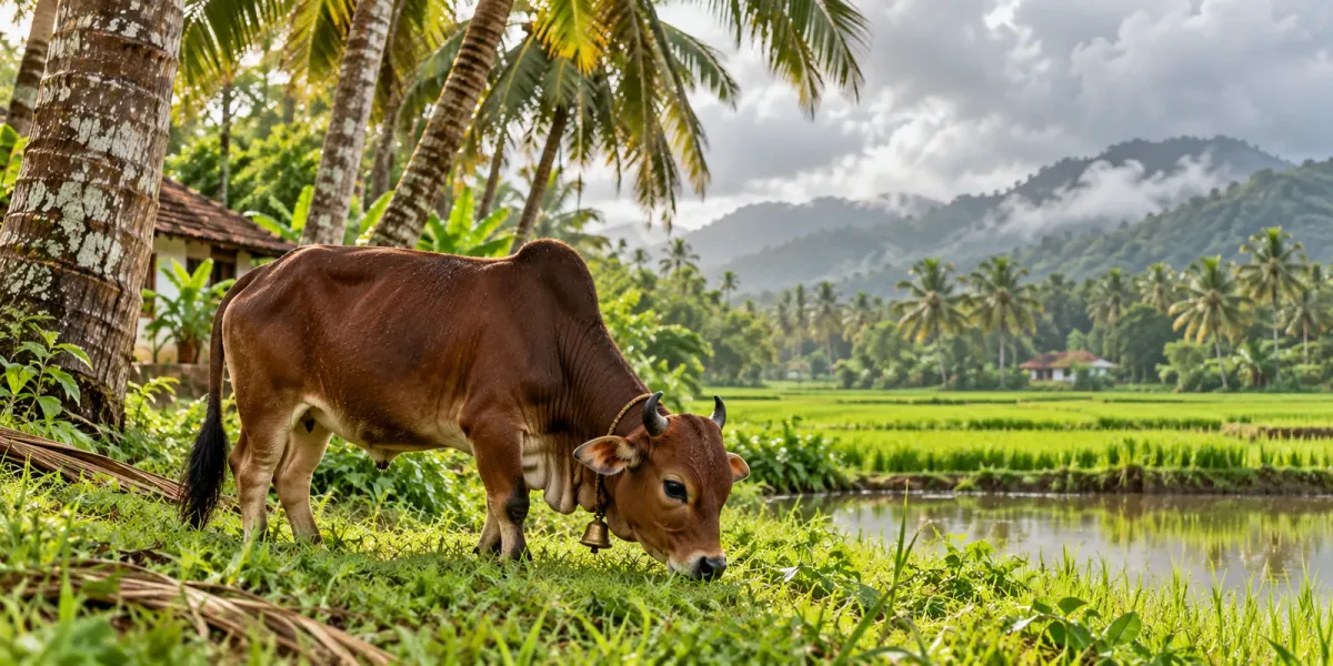Small brown Vechur dwarf cow grazing beside paddy fields and coconut palms in Kerala